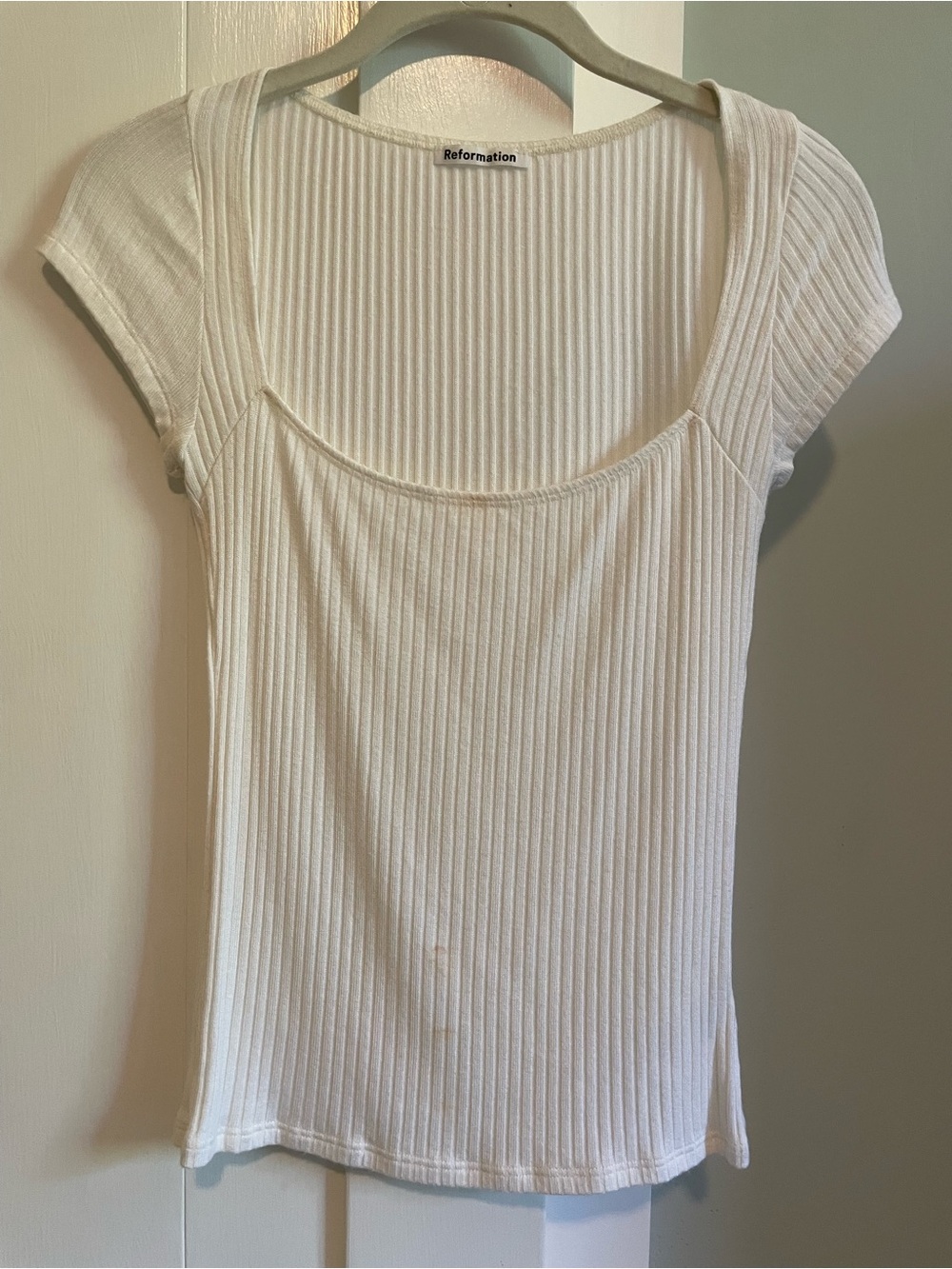 Reformation Cream Ribbed Scoop Neck Short Sleeve Top